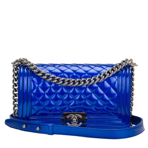 chanel metallic blue boy bag